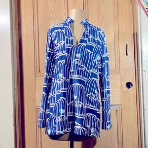 Med Tunic Judith Connally classic Chris Tunic Navy Blue bird cage print fabric